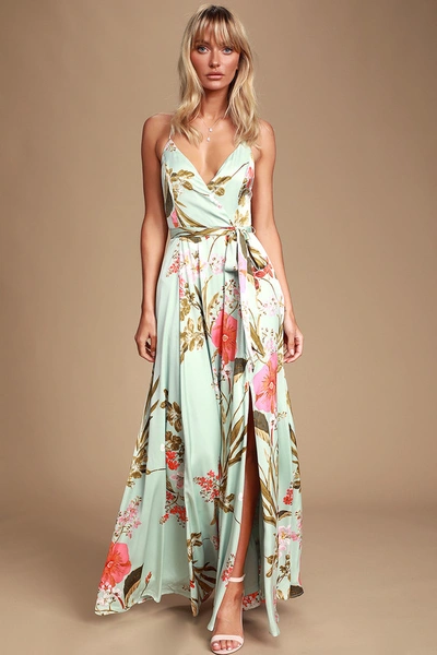 Lulus Still The One Sage Green Floral Print Satin Maxi Dress