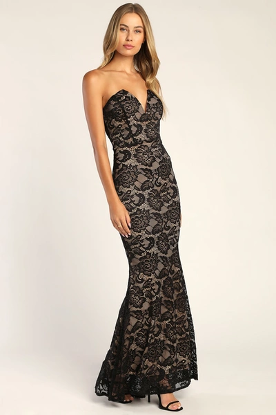 Lulus Sexy Sophistication Black Lace Strapless Trumpet Maxi Dress