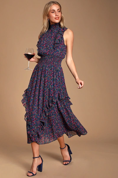 Lulus Evalina Navy Blue Floral Print Mock Neck Midi Dress