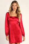 Lulus Got The Love Red Satin Square-neck Mini Dress In Red