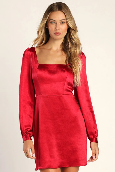 Lulus Got The Love Red Satin Square-neck Mini Dress
