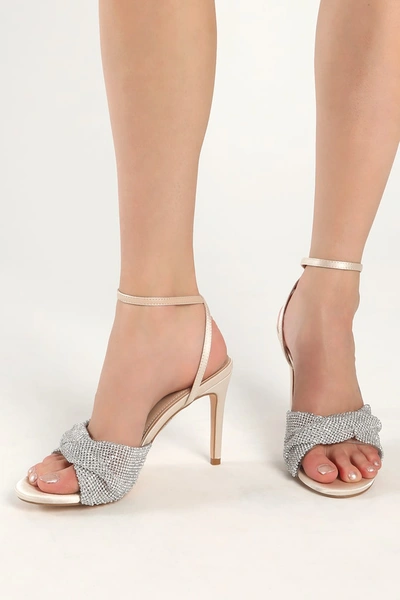 Lulus Milliee Ivory Satin Rhinestone Ankle Strap High Heel Sandal Heels