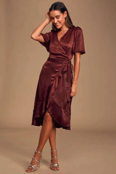 Lulus Wrapped Up In Love Burgundy Satin Faux-wrap Midi Dress
