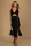 Lulus Trend Seeker Black Ribbed Twist-front Cutout Midi Dress In Black