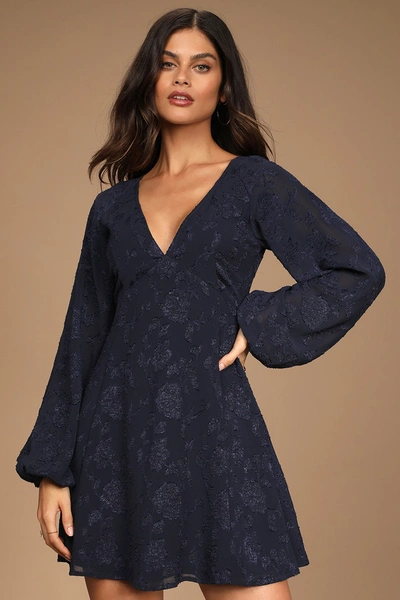 Lulus Chic Ways Navy Blue Floral Jacquard Long Sleeve Mini Dress