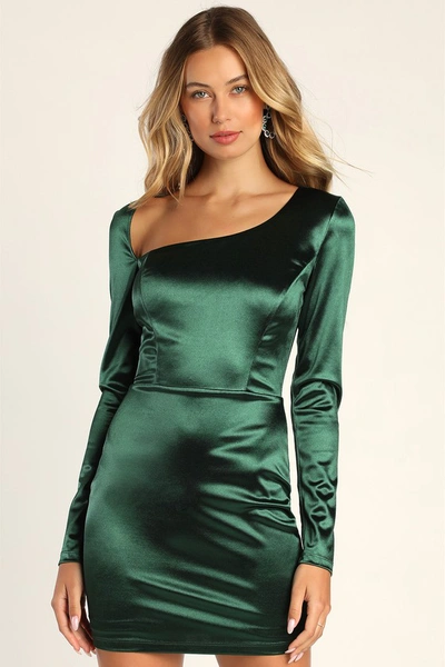 Lulus Flirty Features Emerald Green Satin Asymmetrical Mini Dress