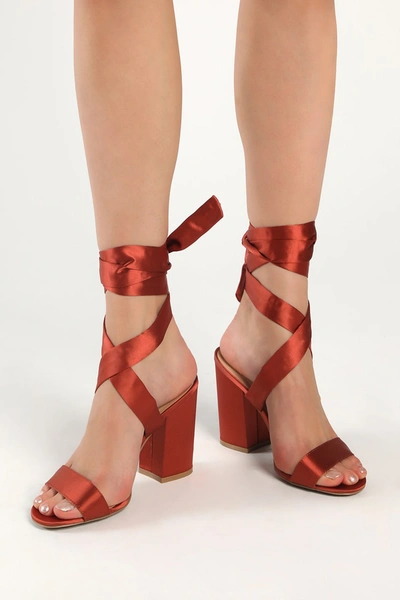 Lulus Alta Copper Satin Lace-up Heels In Red