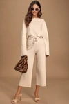 Lulus Snuggly Style Cream Ribbed Knit Wide-leg Pants In Beige