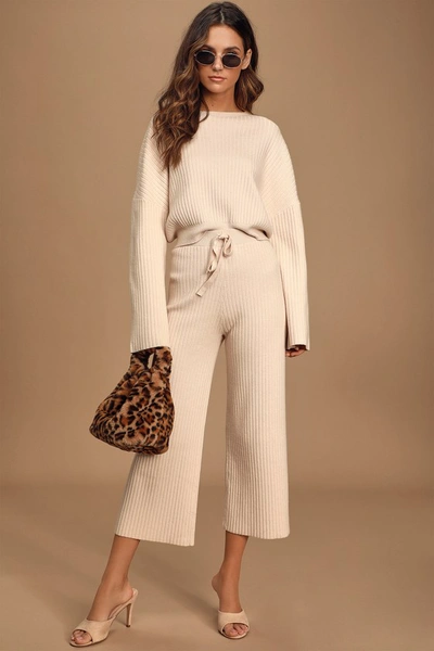 Lulus Snuggly Style Cream Ribbed Knit Wide-leg Pants In Beige