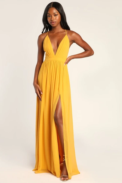 open lace back dress Xella Yellow Pleated Chiffon Maxi Dress main image 0