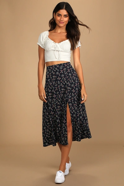 Lulus Bliss Me Navy Blue Floral Print Midi Skirt