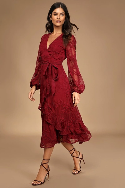 Lulus Spectacular Feeling Burgundy Embroidered Faux Wrap Midi Dress |  ModeSens