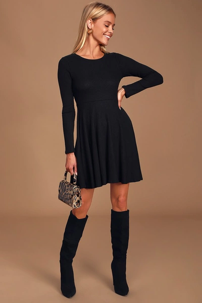 Lulus Fit And Fair Black Ribbed Knit Long Sleeve Skater Dress