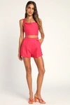 LULUS PERFECTLY POSTED BRIGHT PINK LINEN HIGH WAISTED SHORTS