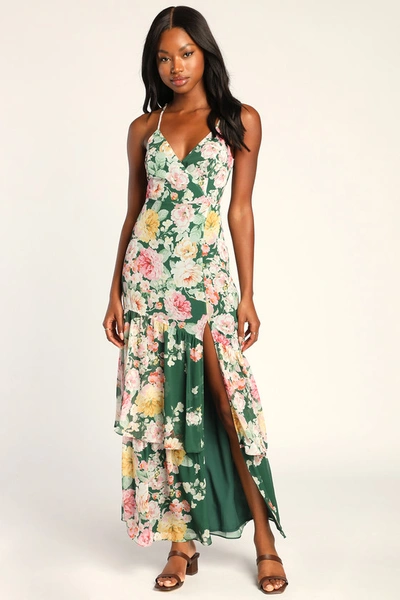Lulus Effortless Energy Green Floral Print Asymmetrical Maxi Dress