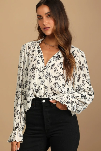Lulus Keep Things Classy Beige Floral Print Button-up Long Sleeve Top