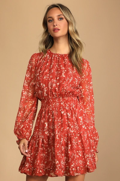 Lulus Too Cute Rust Red Floral Print Smocked Long Sleeve Mini Dress