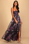 Lulus Wonderful Waltz Purple Floral Print Strapless Bustier Maxi Dress In Purple
