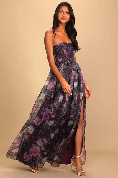 Lulus Wonderful Waltz Purple Floral Print Strapless Bustier Maxi Dress