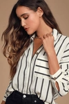 Lulus Amelia Dawn Off-white Striped Long Sleeve Button-up Top In White