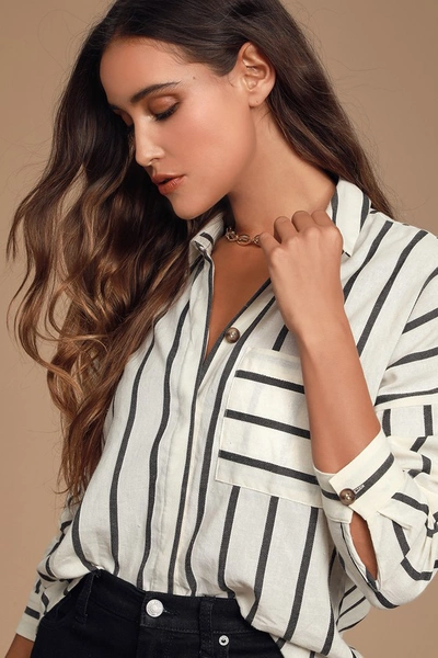 Lulus Amelia Dawn Off-white Striped Long Sleeve Button-up Top