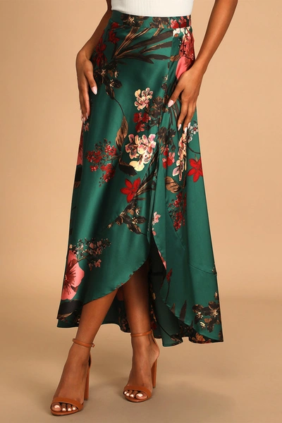 Lulus Superbly Stunning Emerald Green Floral Print Satin Maxi Skirt