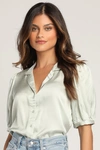 LULUS SWEET AND CHIC SAGE GREEN SATIN BUTTON-UP SHORT SLEEVE TOP