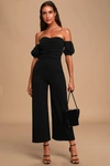 Lulus Impress Release Black Off-the-shoulder Puff Sleeve Jumpsuit In Black