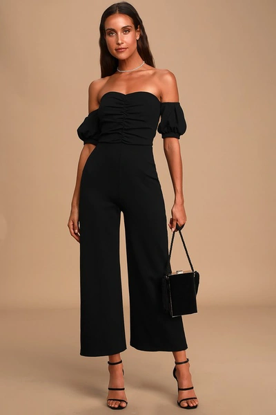 Lulus Impress Release Black Off-the-shoulder Puff Sleeve Jumpsuit