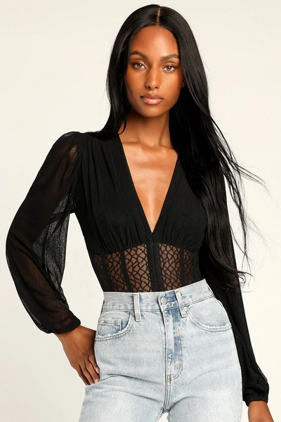 Lulus Properly Trendy Black Mesh Long Sleeve Bodysuit