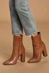 LULUS DAWSON TAN CROCODILE POINTED-TOE MID CALF BOOTS