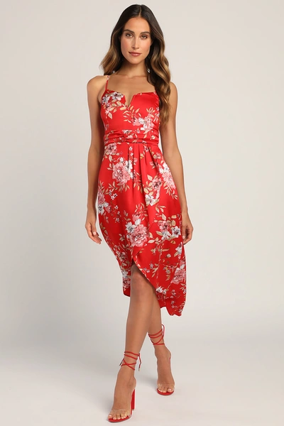 Lulus My Favorite Day Red Floral Print Tulip Skirt Midi Dress