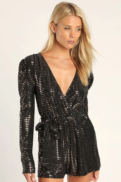 Lulus Bettie Black Metallic Long Sleeve Romper