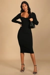 Lulus Fall Feelings Black Ribbed Bodycon Midi Dress In Black