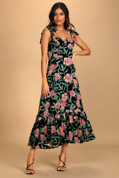 Lulus Glorious Garden Black Floral Print Burnout Velvet Maxi Dress