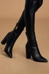 Lulus Dawson Black Pebble Pointed-toe Mid Calf High Heel Boots In Black