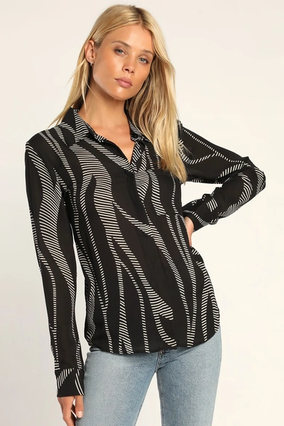 Lulus Abstract Artist Black And Ivory Print Long Sleeve Button-up Top