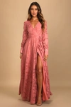 Lulus Kept Your Love Rose Pink Floral Jacquard Long Sleeve Maxi Dress In Pink