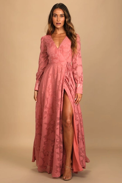 Lulus Kept Your Love Rose Pink Floral Jacquard Long Sleeve Maxi Dress