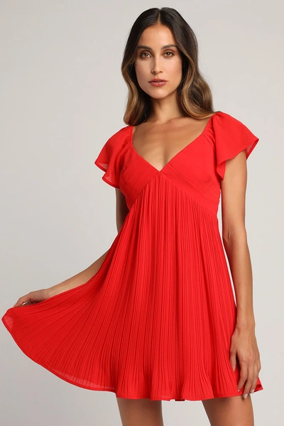 Lulus Amalfi Coast Red Pleated Flutter Sleeve Mini Dress