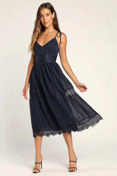 Lulus Love The Day Navy Lace Tie-strap Midi Dress ModeSens