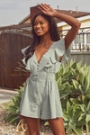 Lulus Making My Heart Flutter Sage Green Ruffled Button-front Romper In Sage Green