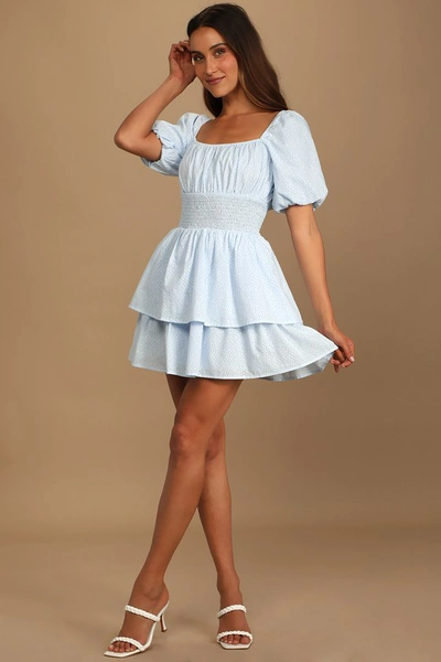Lulus Tiers To Me Light Blue Puff Sleeve Tiered Skater Mini Dress | ModeSens