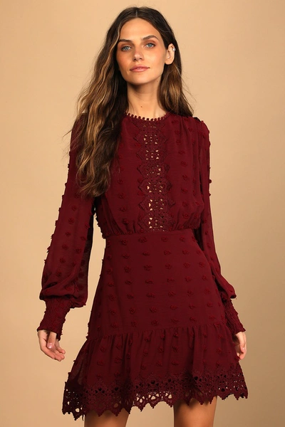 Lulus Lust Or Love Wine Red Embroidered Lace Long Sleeve Dress