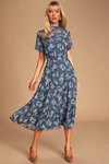 Lulus Floral Dressed Up Dusty Blue Floral Print Midi Dress In Dusty Blue