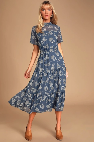 Lulus Floral Dressed Up Dusty Blue Floral Print Midi Dress