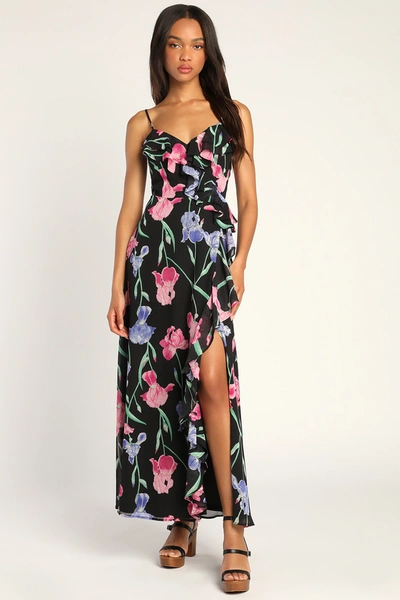 Lulus Elegant Bliss Black Floral Print Ruffled Sleeveless Maxi Dress