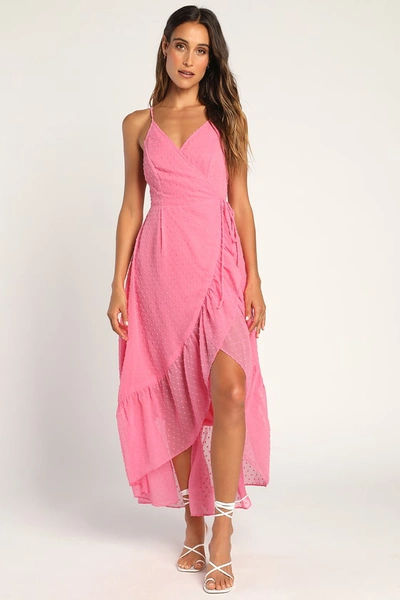 Lulus Effortlessly Easy Pink Swiss Dot High-low Midi Wrap Dress