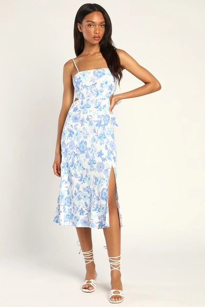 Lulus Serene Views Blue And White Floral Print Cutout Midi Dress