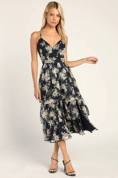 Lulus Cultivate Crushes Navy Floral Print Tiered Ruffled Midi Dress